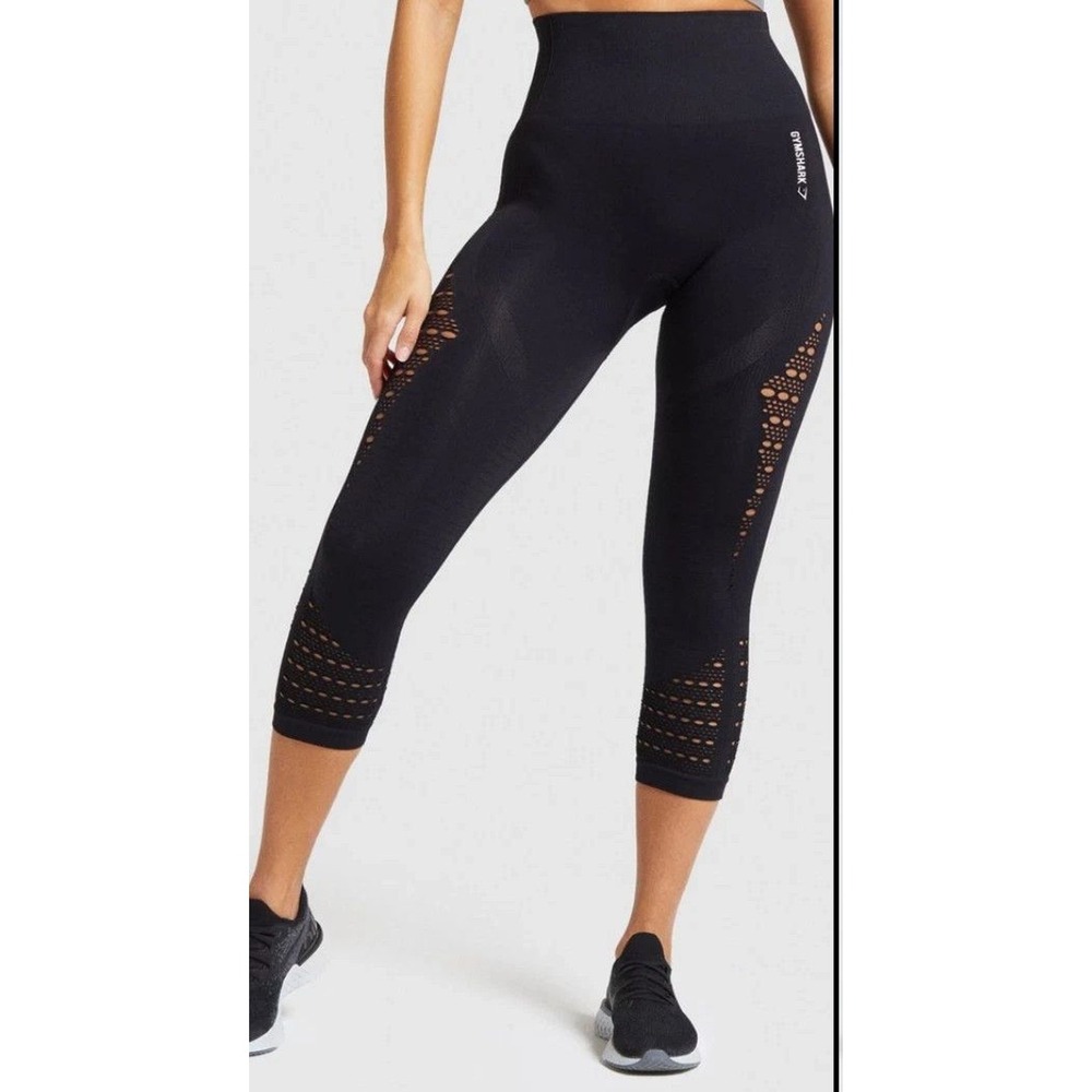 Gymshark‎ Energy+ Seamless Leggings Womens M Black Eyelet High Waist Cropped Gym